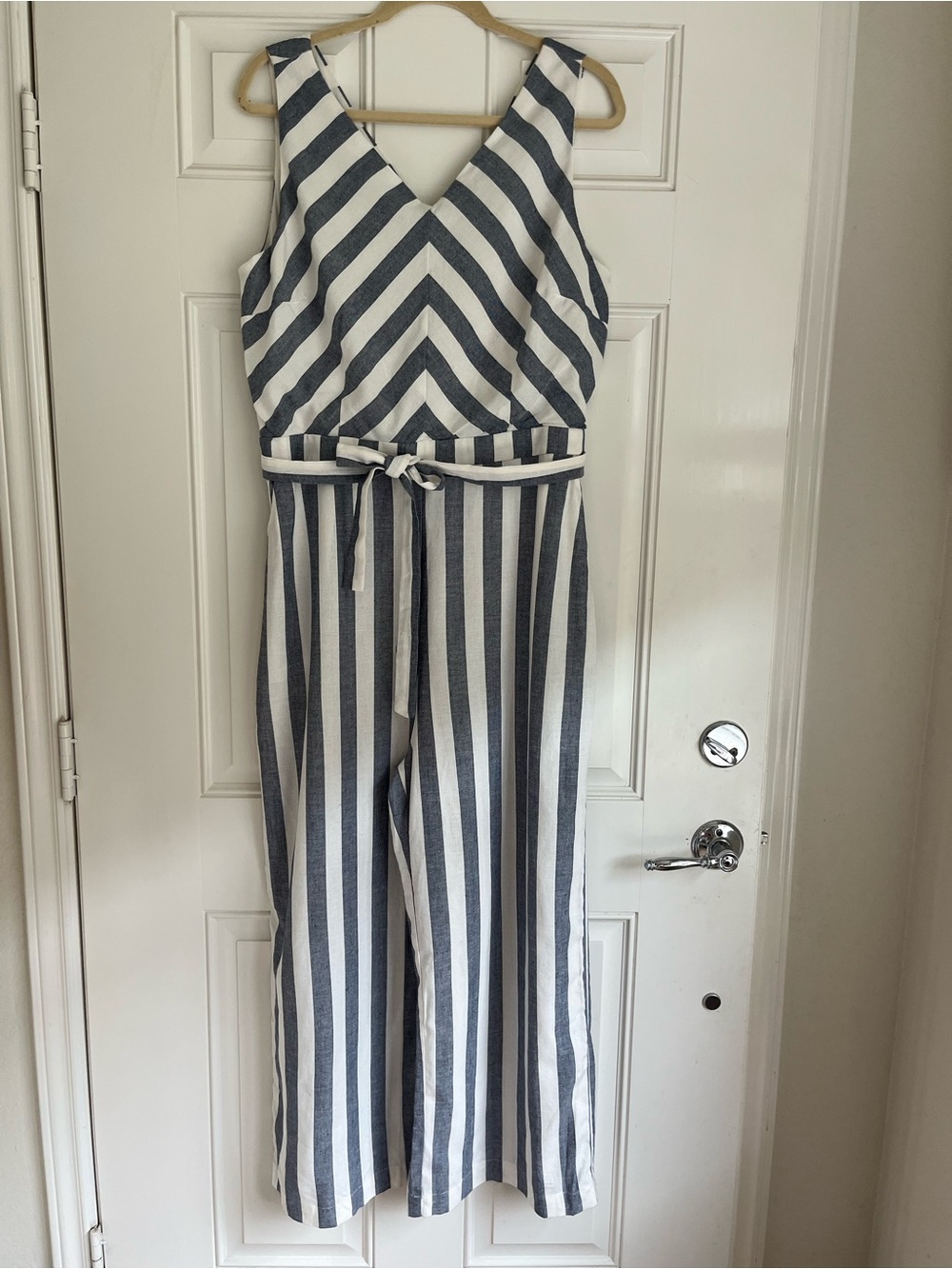 Chelsea & Theodore Denim and White Striped V-Neck Jumpsuit SZ 14 NWT